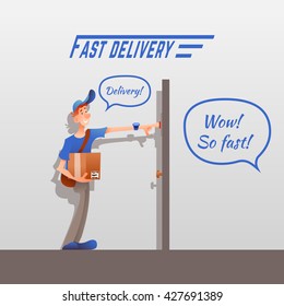 Delivery man in blue uniform with box. Vector illustration "Fast delivery". Cartoon style with speech bubbles. Easy to edit.