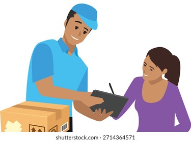 Un repartidor con uniforme azul y gorra está entregando una tableta digital a una mujer con una camisa morada para que firme un paquete.