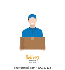 Delivery man in blue uniform carrying box - courier and delivery service concepts