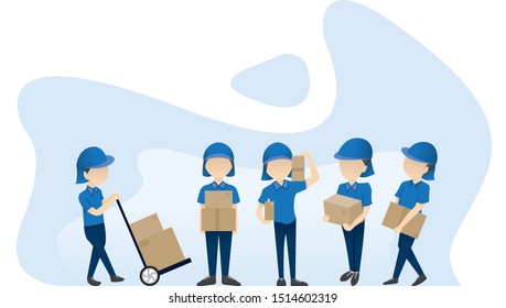 Delivery man in blue uniform holding boxes and documents in different poses. Colorful vector illustration in flat cartoon style.