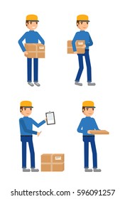 Delivery man in blue uniform holding boxes in different poses