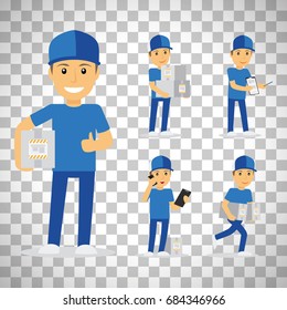 Delivery man in blue uniform holding boxes and documents in different poses isolated on transparent background. Vector illustration