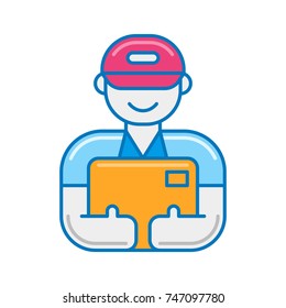 Delivery man in blue uniform and pink cap carrying yellow parcel. Logistics and Delivery Service Concept Flat Icon
