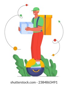 Hombre de entrega con concepto de caja. Un chico joven con mochila en el tablero. Compras en línea y entrega en casa. Elemento gráfico para el sitio web. Dibujo vectorial plano de dibujos animados aislado en fondo blanco
