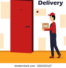 Delivery man with box. Courier with parcel. Home delivery. Flat cartoon style vector illustration.