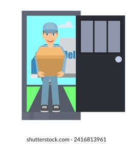 Un repartidor con una caja. Courier con una parcela en una puerta abierta, ilustración vectorial