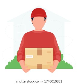 Delivery man with box during the prevention of coronavirus. Courier. Safety home delivery. Self isolation. Express delivery. Vector stock illustration in flat cartoon style.