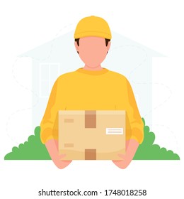 Parto con caja durante la prevención del coronavirus. Courier. Entrega de seguridad en el hogar. Autoaislamiento. Entrega rápida. Ilustración de material vectorial al estilo de dibujos animados planos.