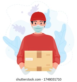 Delivery man with box during the prevention of coronavirus. Courier in a face mask and gloves. Safety home delivery. Self isolation. Express delivery. Vector stock illustration in flat cartoon style.