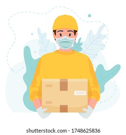 Delivery man with box during the prevention of coronavirus. Courier in a face mask and gloves. Safety home delivery. Self isolation. Express delivery. Vector stock illustration in flat cartoon style.