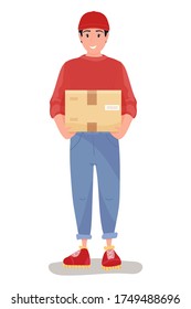 Delivery man with box during the prevention of coronavirus. Courier. Safety home delivery. Self isolation. Express delivery. Vector stock illustration in flat cartoon style.