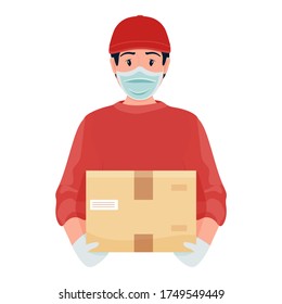 Delivery man with box during the prevention of coronavirus. Courier in a face mask and gloves. Safety home delivery. Self isolation. Express delivery. Vector stock illustration in flat cartoon style.