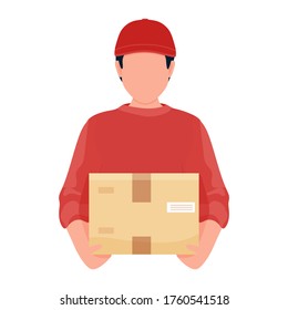 Parto con caja durante la prevención del coronavirus. Courier. Entrega de seguridad en el hogar. Autoaislamiento. Entrega rápida. Ilustración de material vectorial al estilo de dibujos animados planos.