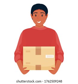 Delivery man with box during the prevention of coronavirus. Courier. Safety home delivery. Self isolation. Express delivery. Vector stock illustration in flat cartoon style.