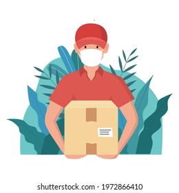 Delivery man with box during the prevention of coronovirus, Covid-19. Courier in a face mask with food. Safety home delivery. Vector illustration