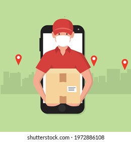 Delivery man with box during the prevention of coronovirus, Covid-19. Courier in a face mask with food. Safety home delivery. Vector illustration