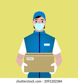 Delivery man with box during the prevention of coronovirus, Covid-19. Courier in a face mask with food. Safety home delivery. Flat cartoon style vector illustration.