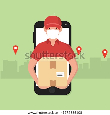 Delivery man with box during the prevention of coronovirus, Covid-19. Courier in a face mask with food. Safety home delivery. Vector illustration