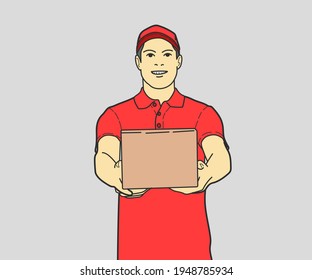 Delivery Man with Box in Hands. hand drawn style vector design illustrations.