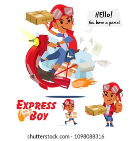 Delivery man with a box in his hands riding scooter. character design - vector illustration