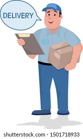 Delivery man with a box in his hands on a white background