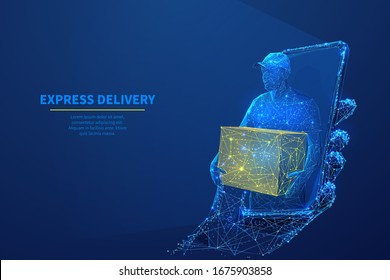 Delivery Man With Box In His Hands In Phone Screen Online Delivery Agency Concept. Low Poly Wireframe Digital Vector Illustration. Man In Cap Standing With Parcel Post Box Isolated On Blue Background.