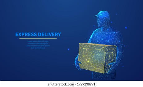 Delivery man with a box in his hands in dark blue background. Delivery service and courier concept. Courier in a cap standing with package box. 3d abstract vector illustration. Low poly wireframe