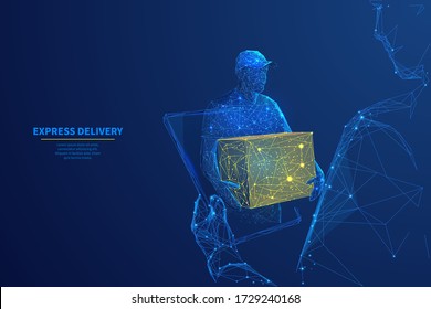 Delivery man with box in his hands on tablet screen in dark blue background. Express delivery, online shopping, order tracking or delivery app concept.  3d polygonal digital vector illustration