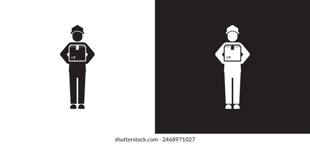 Delivery man with box icon, Cargo shipping delivery expedition related vector icon, E-commerce business concept. Shipping vector illustration on black and white background.