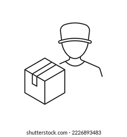 Delivery man with box icon design. Courier line icon. Man in hat with parcel. isolated on white background. Vector illustration 