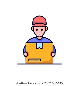 Delivery man with box, line style icon vector illustration design. Courier symbol.