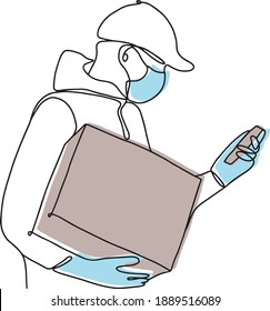 A delivery man with a box with a parcel, looks at his mobile phone, tracks the delivery address, wearing a protective medical mask and nude gloves.  in delivery uniform. Hand drawn vector 