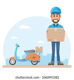 delivery man with box. Postman design isolated on white background. Courier in hat and uniform with package. Vector illustration. Flat cartoon character