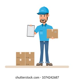 delivery man with box. Postman design isolated on white background. Courier in hat and uniform with package. Vector illustration. Flat cartoon character