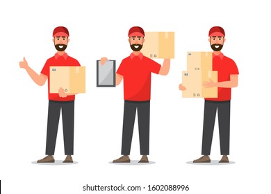 delivery man with box. Postman design isolated on white background. Courier in hat and uniform with package. Vector illustration. Flat cartoon character