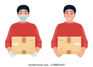 Delivery man with box. Prevention of coronavirus. Courier in a face mask and gloves and without. Safety home delivery. Self isolation. Express delivery. Vector illustration in flat cartoon style.