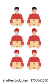 Delivery man with box. Prevention of coronavirus. Courier in a face mask and gloves and without. Safety home delivery. Self isolation. Express delivery. Vector illustration in flat cartoon style.