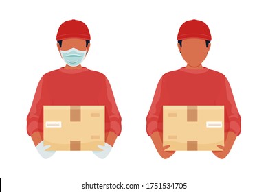 Delivery man with box. Prevention of coronavirus. Courier in a face mask and gloves and without. Safety home delivery. Self isolation. Express delivery. Vector illustration in flat cartoon style.