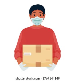 Delivery man with box. Prevention of coronavirus. Courier in a face mask and gloves and without. Safety home delivery. Self isolation. Express delivery. Vector illustration in flat cartoon style.