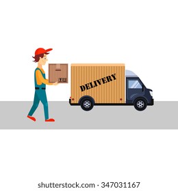 Delivery Man with a Box and Truck, Flat Vector Illustration 