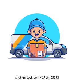 Hombre De Entrega Con Ilustración De Icono Del Vector De Caja Y Coche. Icono de envío Vector de Concepto Aislado Premium. Estilo de dibujo plano  