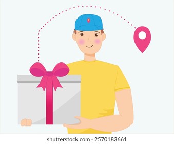 Delivery man with a box, man in a T-shirt, delivery man in a baseball cap, delivery man with a package, goods, fast delivery, advertisement, guy in a T-shirt and cap