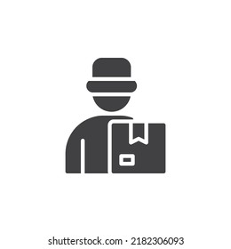 Lieferant Mann mit Box-Vektorsymbol. volles Flachzeichen für mobiles Konzept und Webdesign. Glyph-Icon des Kuriers. Symbol, Logo-Abbildung. Vektorgrafik