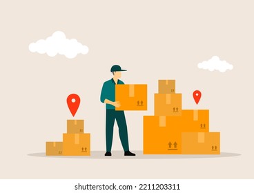 Delivery man and boxes. Courier or delivery service. Men characters with parcels packages boxes. vector illustration concept.