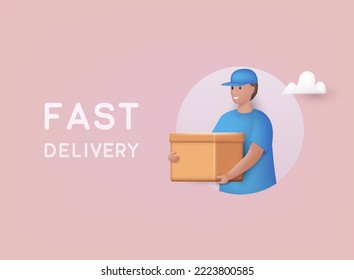 Delivery man and boxes. Courier or delivery service. Men characters with parcels packages boxes. 3D Vector Illustrations.