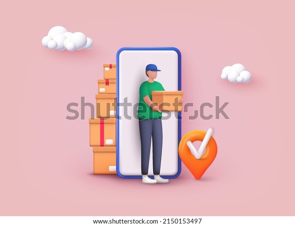 Delivery\
man and boxes.  Courier or delivery service. Men characters with\
parcels packages boxes. 3D Vector\
Illustrations.