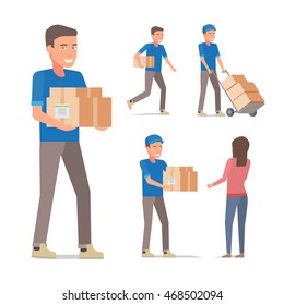 Delivery man with boxes in different poses. Vector flat design illustration