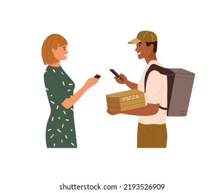 Delivery man with boxes of hot pizza. Courier giving takeaway food to smiling woman. Customer paying by card for online order. Fast food delivery service. Vector flat illustration