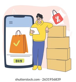 Delivery man with boxes and mobile shopping app screen – flat style e-commerce and logistics illustration