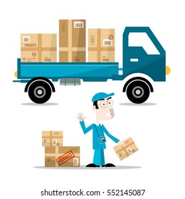 Delivery Man with Boxes on Car. Vector Flat Design Illustration Isolated on White Background.